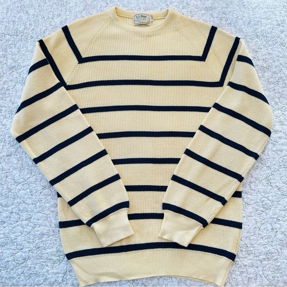 L.L. Bean Vintage 90s Yellow Striped Crewneck Sweater 100% Cotton Coastal GQ